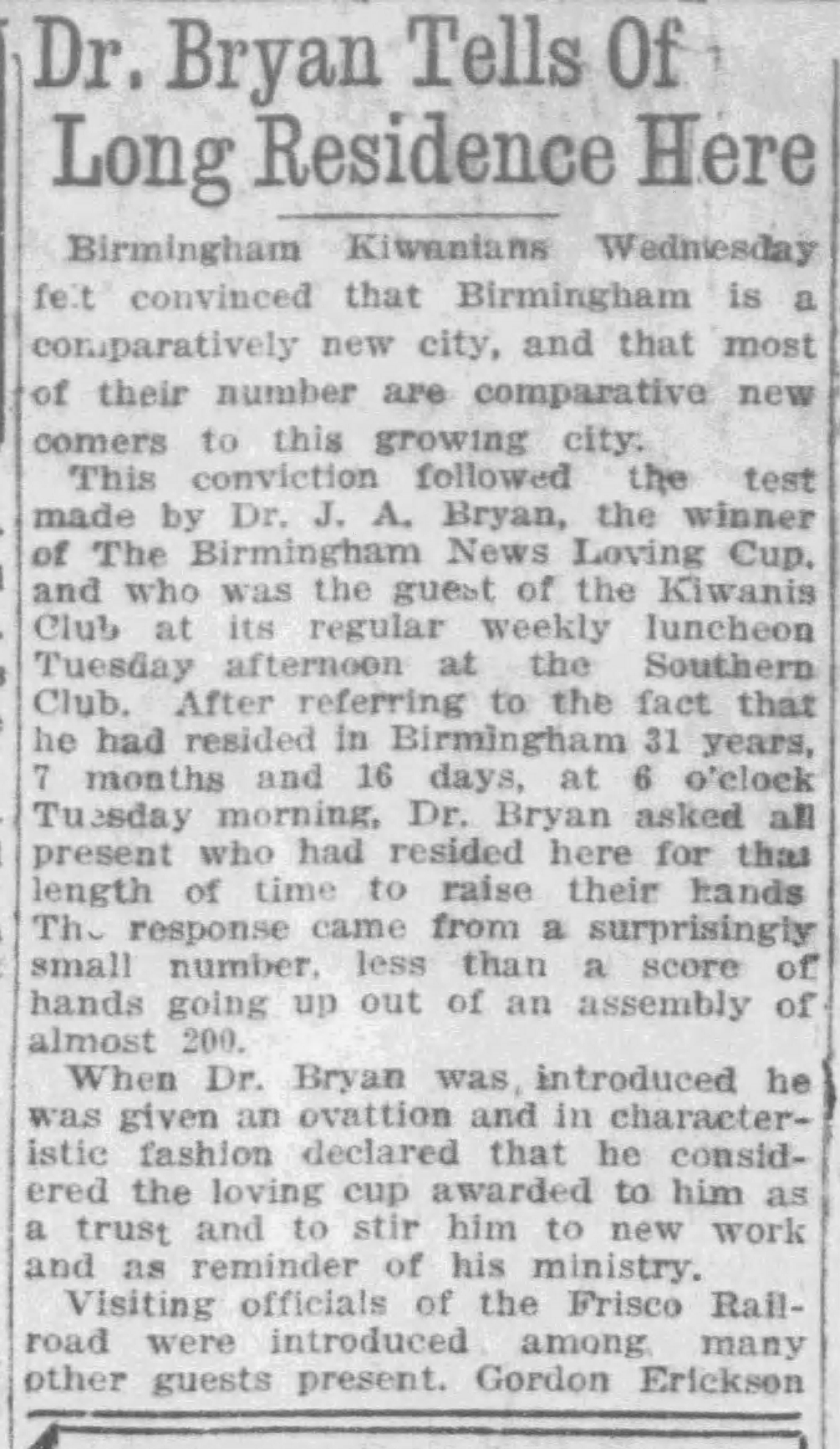 Dr. Bryan Tells of Long Residence Here
